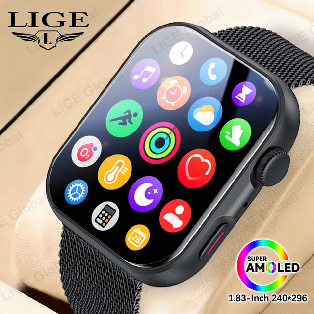 LIGE Smartwatch mit 1,83 Zoll AMOLED-Display, Bluetooth-Anruffunktion, SpO2-Messung und Dynamic Island, Schwarz, Unisex - Bild 1
