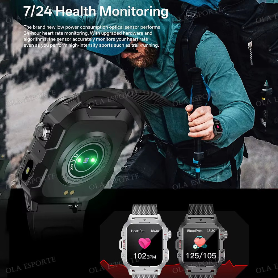 Ola Esporte Militär-Smartwatch für Herren mit 2,01 Zoll HD-Touchscreen, Bluetooth-Anruffunktion und LED-Taschenlampe in Schwarz oder Silber - Bild 3