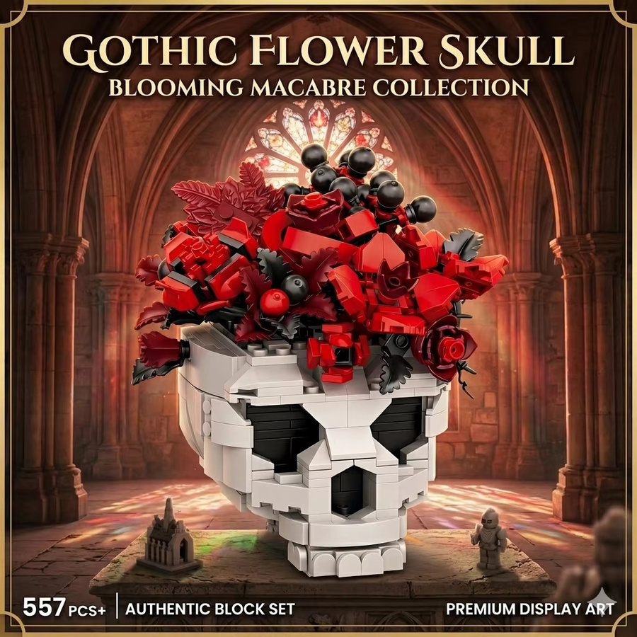 Gotischer Totenkopf-Blumen-Bausatz, 557 Teile, DIY Horror-Rosenstrauß - Bild 2