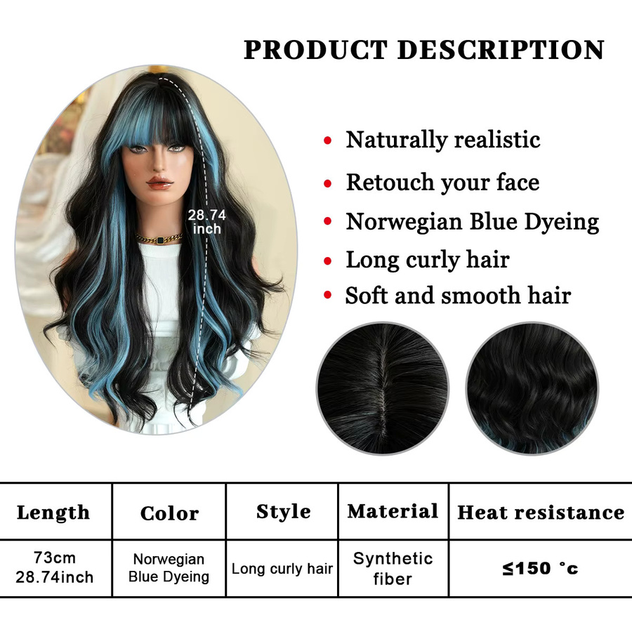 NAMM Perücke, lange gewellte Haare mit Pony, blau, synthetisch, Damen - Bild 5