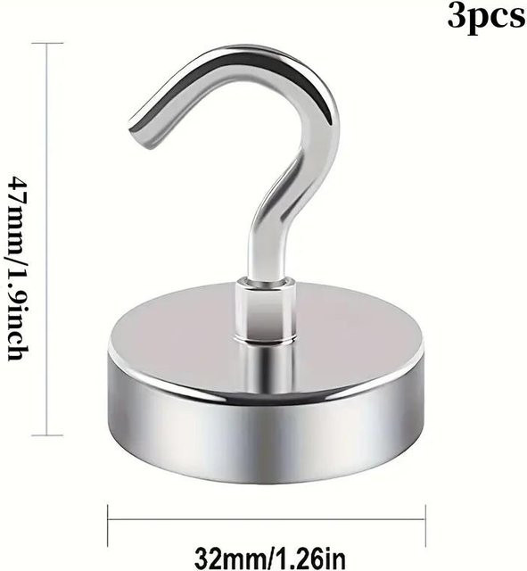 D32 Neodym-Magnethaken mit Haken in Silber, Edelstahl-Optik, Tragkraft 70 Pfund - Bild 1