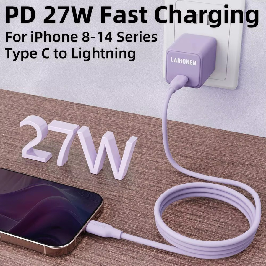LAIHONEN USB-C zu Lightning Schnellladekabel aus flexiblem Silikon für iOS Geräte in Pink und Purple - Bild 2