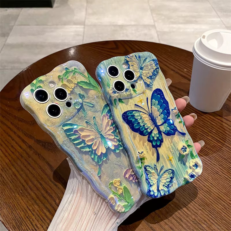 MUQGEW Schutzhülle für iPhone 15 14 13 12 Pro Max mit blauem Schmetterlings-Ölgemälde-Design aus stoßfestem Silikon - Bild 2