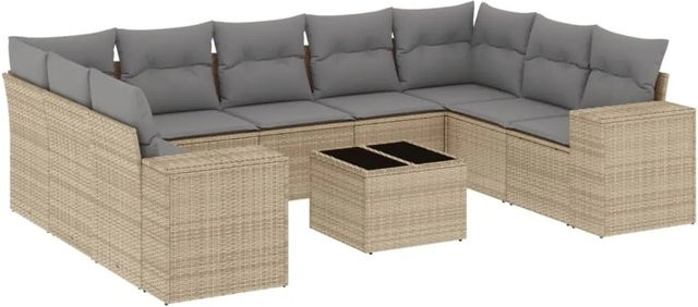 vidaXL 10-teilige Garten-Sofagarnitur in L-Form aus Poly-Rattan mit Kissen in Beige-Grau - Bild 1
