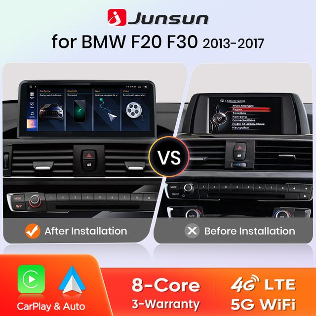 Junsun Drahtloses Multimedia Autoradio mit CarPlay und Android Auto für BMW 1 2 3 4 Serie (F20 F21 F22 F30 F31 F32 F33 F34 F36), Schwarz - Bild 1