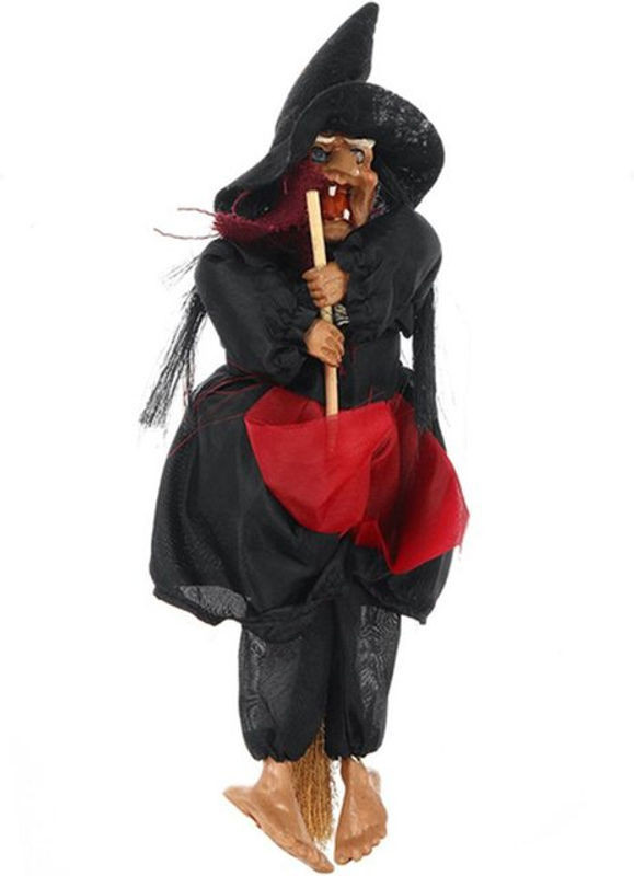 CosyHome Halloween Hängende Hexenpuppe mit Sprachsteuerung, Animierter Geist auf Besen als Gruselige Wanddekoration in Schwarz, Rot oder Grün - Bild 1