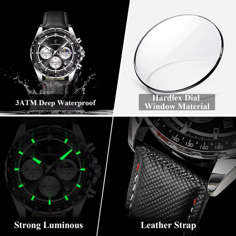 POEDAGAR Armbanduhr Chronograph, Quarz, Leder, Schwarz, Herren - Bild 4
