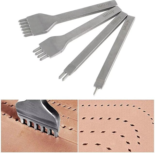 NOTIONSLAND Lederhandwerkswerkzeug Set mit Locher und Nahtstanzer, 4 mm, 1–2–4–6 Zähne, Ledermeißel für DIY-Bastelarbeiten - Bild 1