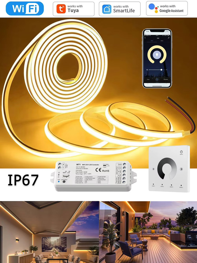 CENFAYA Tuya WiFi COB LED-Streifen IP67 24V Warmweiß Dimmbar mit Fernbedienung für Innen- und Außenbereich kompatibel mit Alexa und Home Assistant - Bild 5