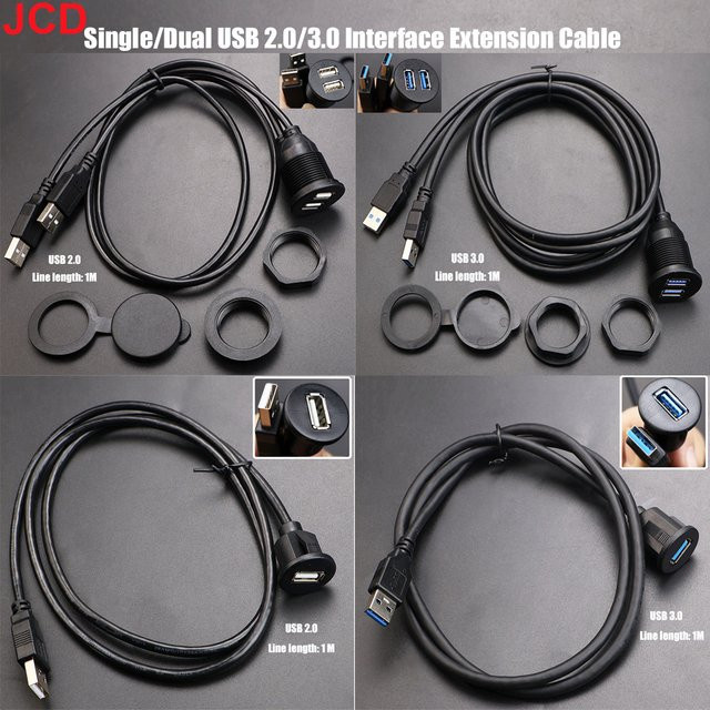 JCD USB-Datenkabel Verlängerung für Auto-Armaturenbrett mit USB 2.0/3.0 Stecker auf Buchse als wasserdichter Einzel- oder Doppelanschluss in Schwarz - Bild 1