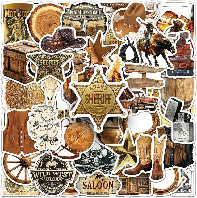 50 Stück Western Cowboy Graffiti Aufkleber aus PVC in Multicolour für Laptop, Gläser, Tassen und Kühlschrank - Bild 1