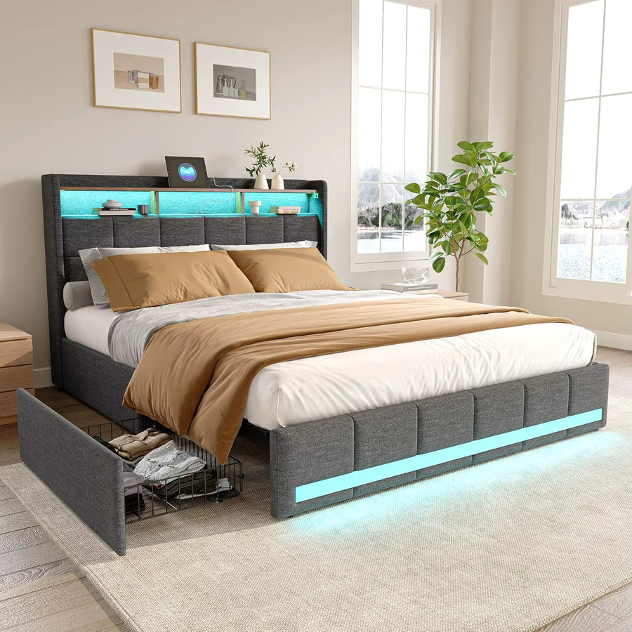 ROSAHQNDA Polsterbett Beige mit Schubladen, LED-Beleuchtung und USB-Anschluss, Stoff - Bild 3