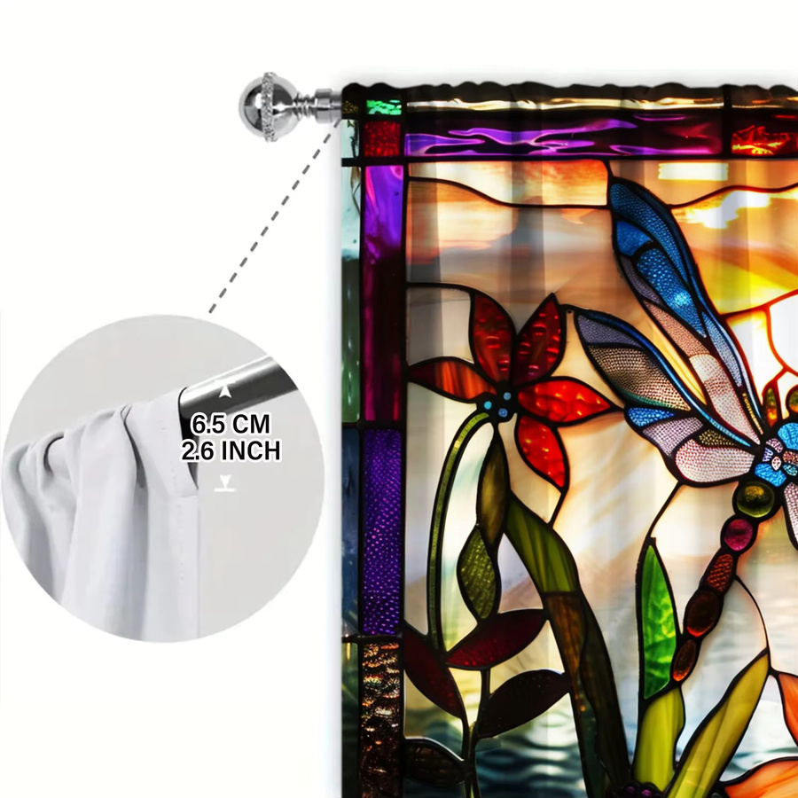 2er-Set VOZMIO Buntglas-Vorhänge mit Libellen-Motiv in Multicolour, transparente Stoffpaneele im Art Nouveau Design - Bild 5