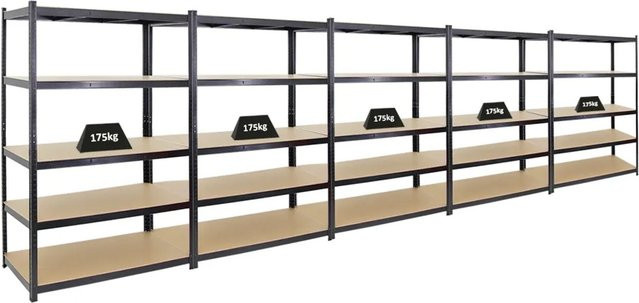 PROREGAL Schwerlastregal Taurus 5er Set Schwarz, H x B x T: 180 x 120 x 60 cm, Fachlast 175 kg, mit verstellbaren Regalböden aus MDF und Metall - Bild 1
