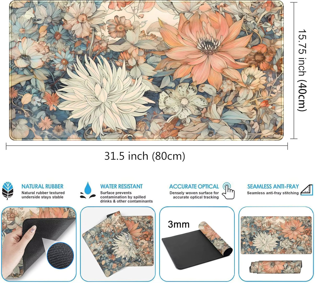 Retro-Schreibtischunterlage mit japanischem Blumenmuster in Multicolour – XXL-Mauspad im Boho-Design für Büro und Gaming - Bild 2