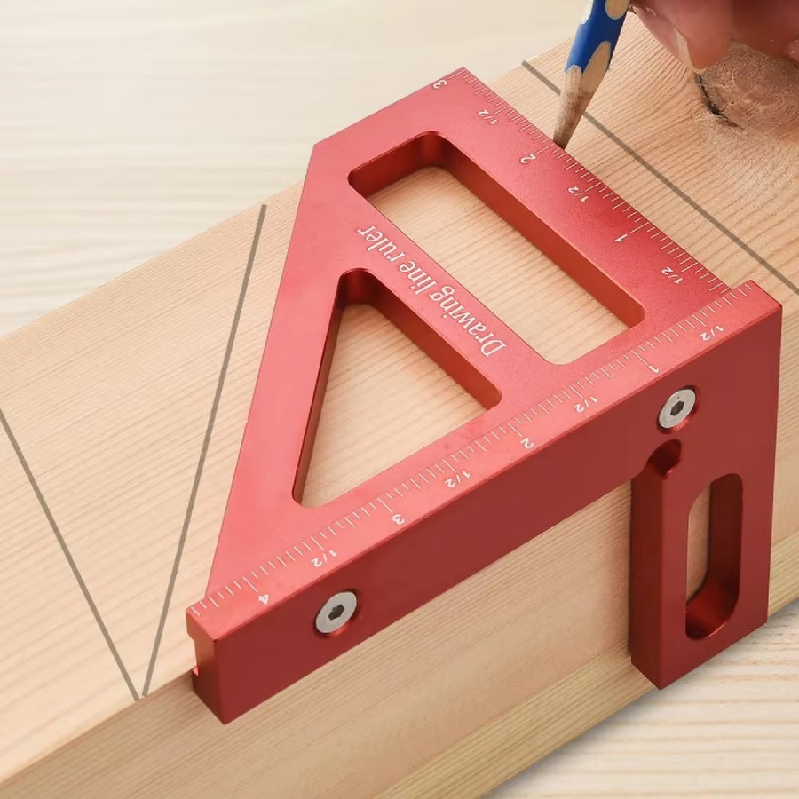 FNICEL Aluminium-Mehrwinkel-Messlineal in Rot als quadratischer Winkelmesser für die Holzbearbeitung mit 45° und 90° Winkeln - Bild 3