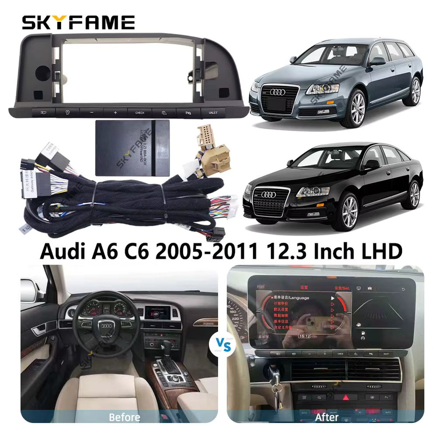 SKYFAME Auto Rahmen-Fascia-Adapter mit Canbus Box für 12,3 Zoll Android Radio Armaturenbrett-Einbausatz für Audi A6 C6 A6L in Schwarz - Bild 4