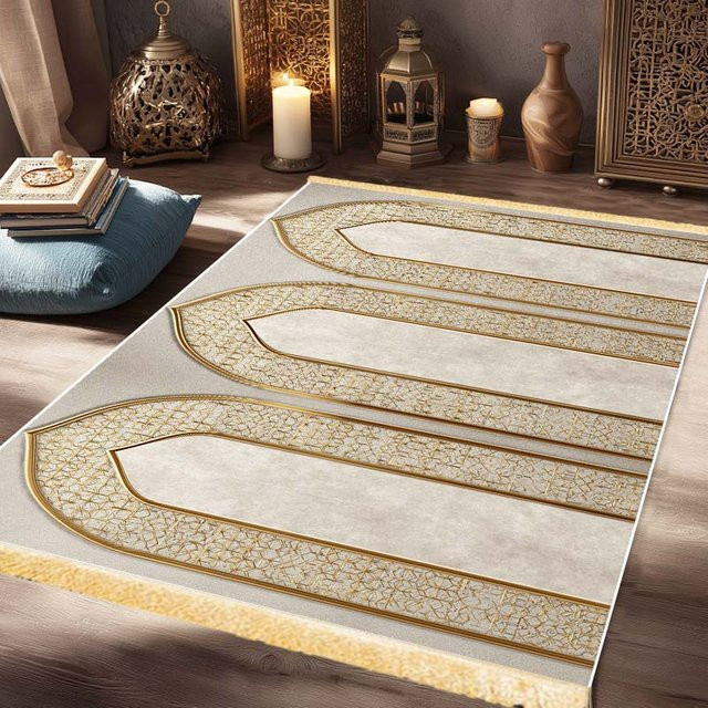 VIKAMA Gebetsmatte mit Quasten in Beige, orientalisch und faltbar - Bild 1