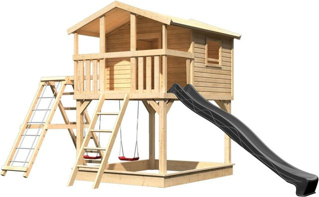 Karibu Stelzenhaus Benjamin aus Massivholz mit Rutsche, Schaukel, Gerüst und Netzrampe in Anthrazit - Bild 1