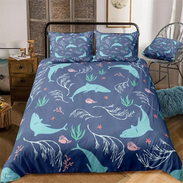 Bettwäsche-Set mit Blauwal-Motiv von Your Warm Home, blau gestreiftes Mikrofaser-Bettbezug-Set für Kinder und Jugendliche, bestehend aus 1 Bettbezug und 1 Kopfkissenbezug, B/H: 133 x 70 cm - Bild 1