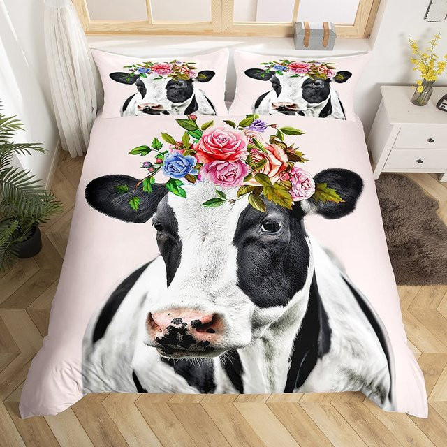 Highland Cattle Bettwäsche-Set Your Warm Home mit geometrischem Holzplanken-Design und Blumen-Motiv, Farbe: Weiß, B/H: 240 x 220 cm - Bild 1