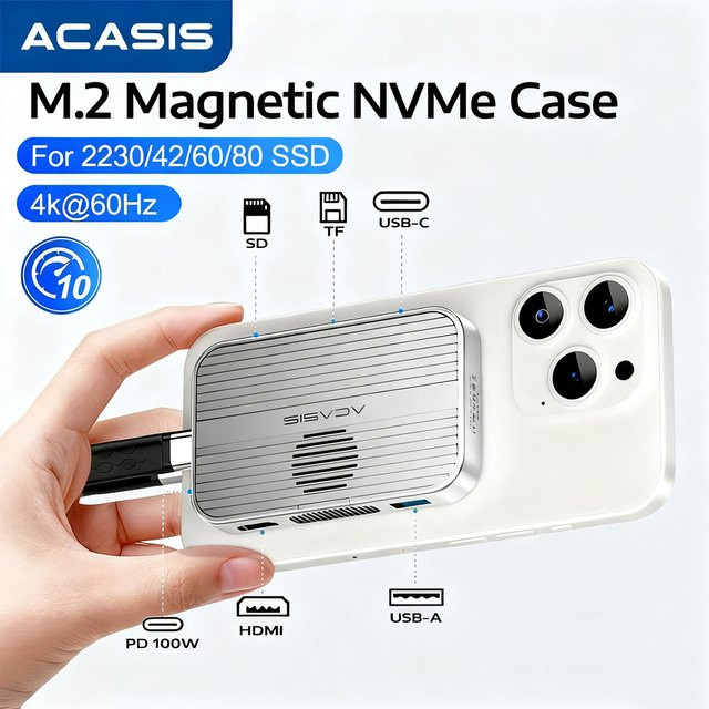 ACASIS M.2 NVMe SSD-Gehäuse Magnetische USB-C-Dockingstation mit Lüfter, 10 Gbit/s, Farbe: Silber - Bild 1