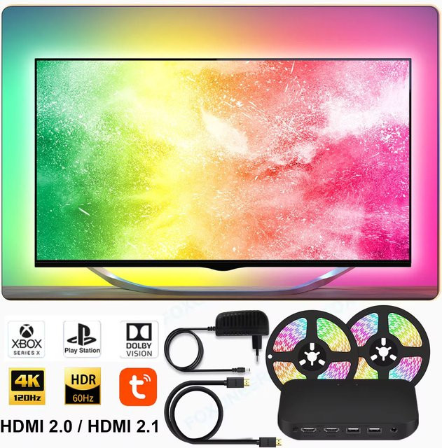 FOXONEER Smart Ambient TV LED Hintergrundbeleuchtung Kit mit Sync Box für 4K HDMI 2.1, RGB Multicolour LED Streifen mit WiFi, Alexa und Google Assistant Steuerung - Bild 1