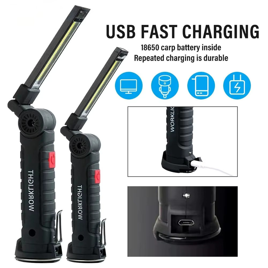 KDULIT Wiederaufladbare Camping-LED-Arbeitsleuchte mit COB-Taschenlampe, Magnet und Haken, wasserdicht, Schwarz - Bild 6