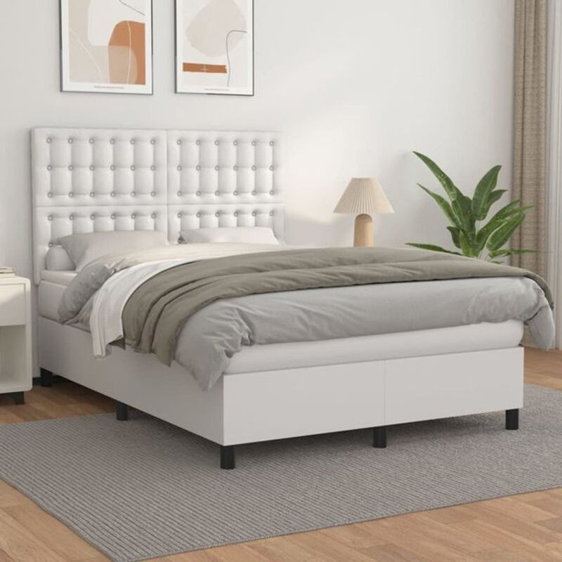 Vidaxl Boxspringbett mit Matratze in Weiß aus Kunstleder und Holzwerkstoff, B/T/H: 140 x 200 x 118 cm - Bild 1