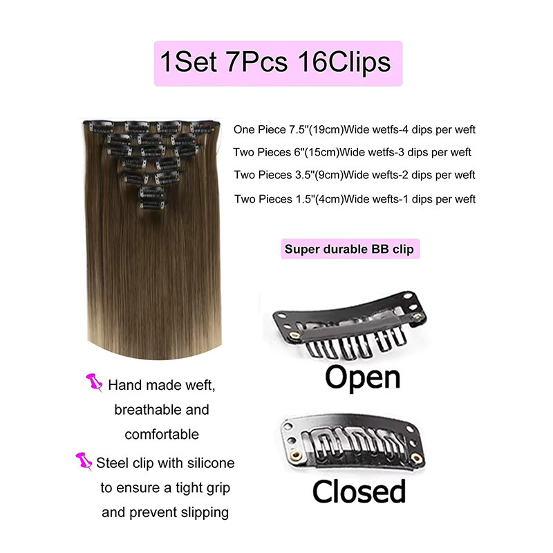 SHUOXIU Haarverlängerung Clip-in, synthetisch, 22 Zoll, schwarz, 7 Stück, Damen - Bild 2