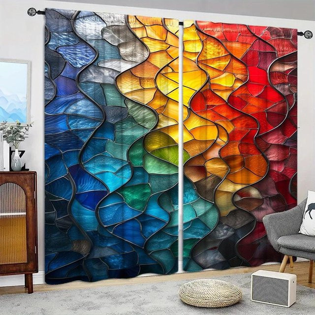 2er-Set bedruckte Vorhänge mit Naturmotiv in Mehrfarbig, halbtransparent, Polyester, B: 52,5 cm, H: 116 cm - Bild 1