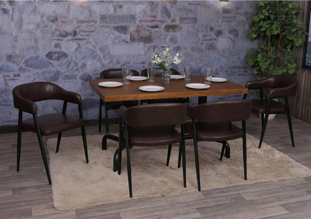 6er-Set Esszimmerstühle MCW P29 im Industrial Retro Design aus Kunstleder und Stahl, Dunkelbraun - Bild 1