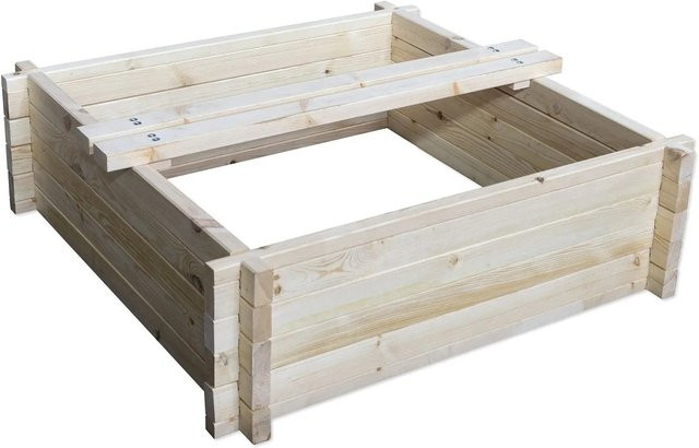HolzFee Hochbeet und Sandkasten aus Massiv Kiefernholz mit Aufsatzbank, Farbe Braun, B/T/H: 110 x 110 x 36 cm - Bild 1