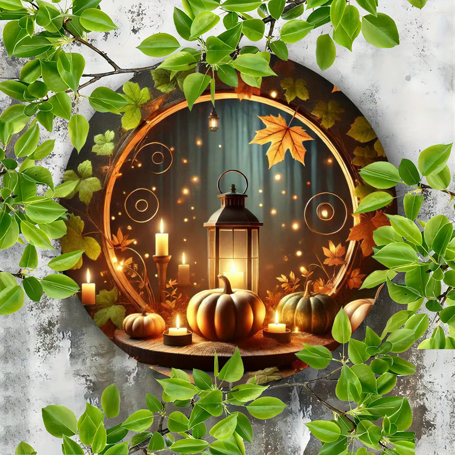 Potdemiel Vintage Herbst Wanddekoration aus Metall mit Kürbis und Laterne, bunter Metallkranz mit Hängeschlaufe für rustikalen Bauernhaus-Stil - Bild 4