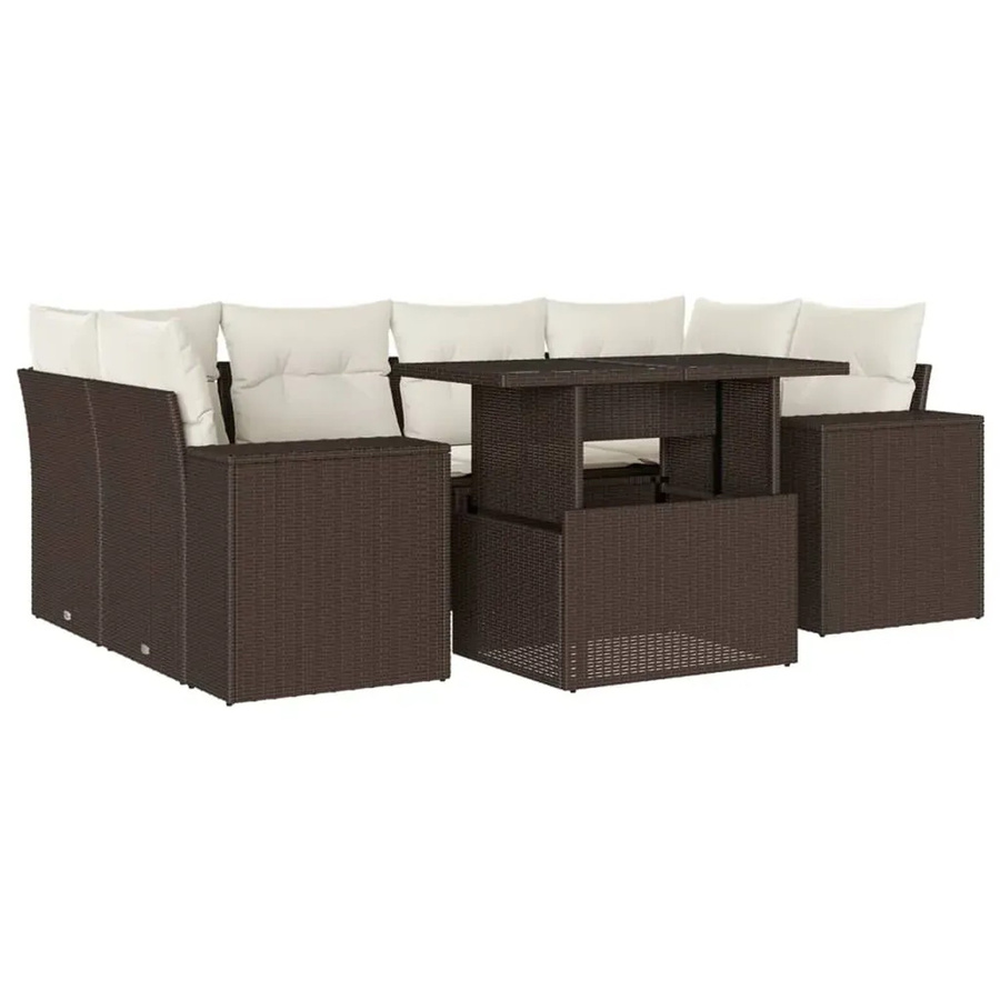 vidaXL 7-teilige Garten-Sofagarnitur in L-Form aus Polyrattan mit Kissen in Braun und Cremeweiß - Bild 2