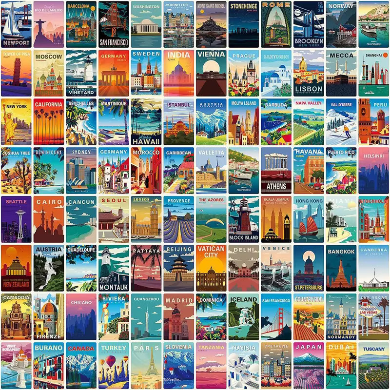 108 Stück Reisen um die Welt Landschaft Serie Aufkleber Set, Mehrfarbig, DIY Papier Aufkleber mit Motiven von Paris, Berlin, Japan, New York, Schweiz, Norwegen und Venedig - Bild 2