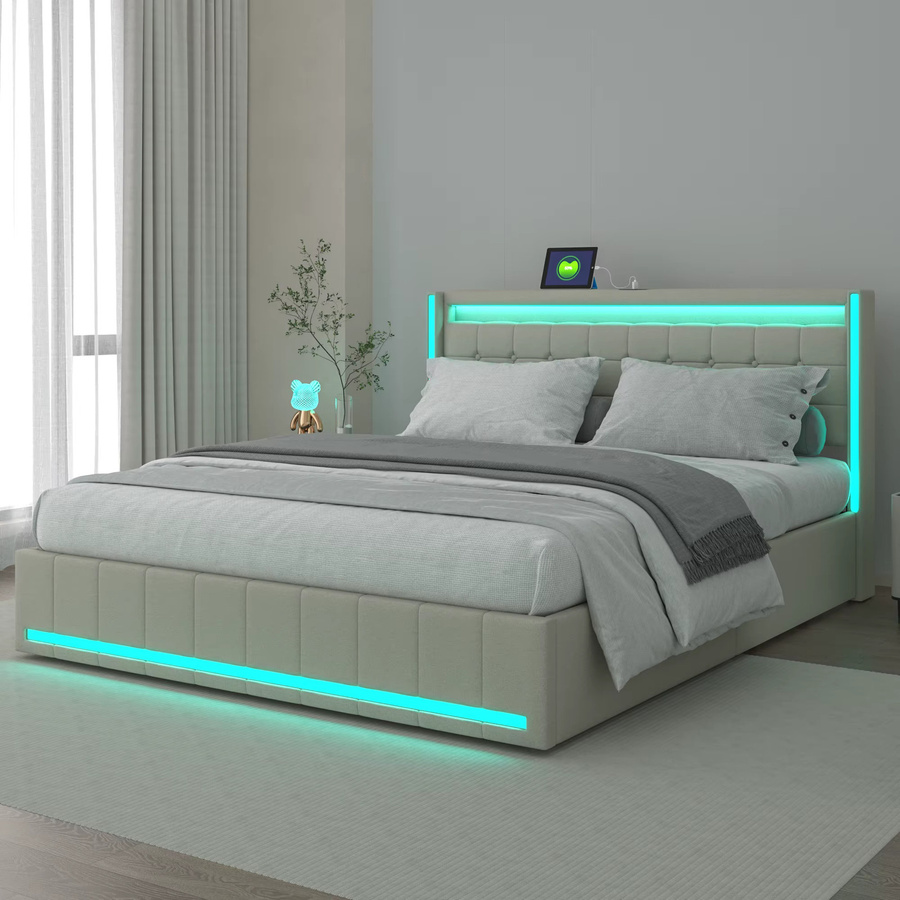 Comanlai Doppelbett mit Polsterung und 4 Schubladen in Pink, B/T: 160 x 200 cm, mit LED-Beleuchtung, USB-Anschluss und Kopfteil mit Stauraum aus Leinen - Bild 3