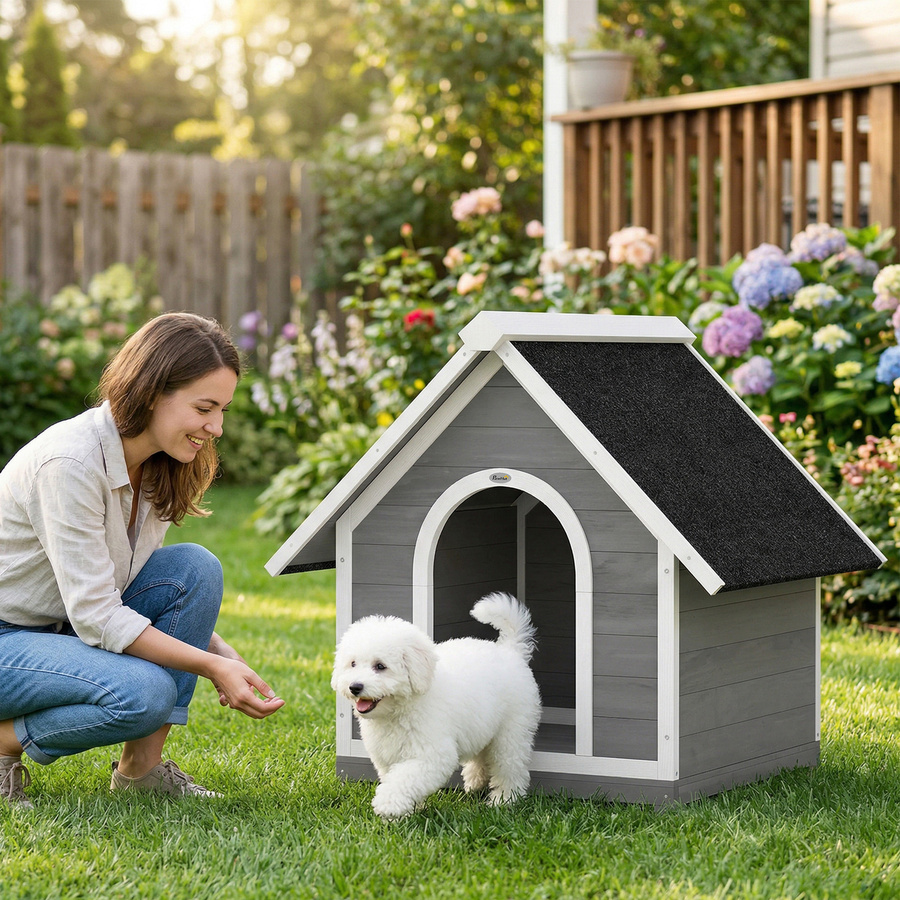 PawHut Außen-Hundehütte aus Holz in skandinavischem Design, wetterfestes Hundehaus mit wasserdichtem Dach und erhöhtem Boden, Grau und Weiß, B/T/H: 84 x 101 x 86 cm - Bild 2