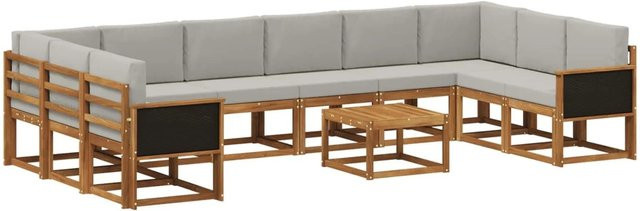 vidaXL Outdoor-Sofagarnitur aus Akazienholz in L-Form mit 11-teiligem Kissen-Set, Farben: Natur und Hellgrau - Bild 1