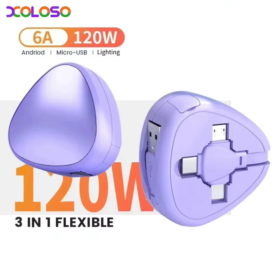 XOLOSO 3-in-1 Schnellladekabel USB A auf Typ C und Micro-USB mit 120W und 6A in Schwarz und Lila - Bild 1