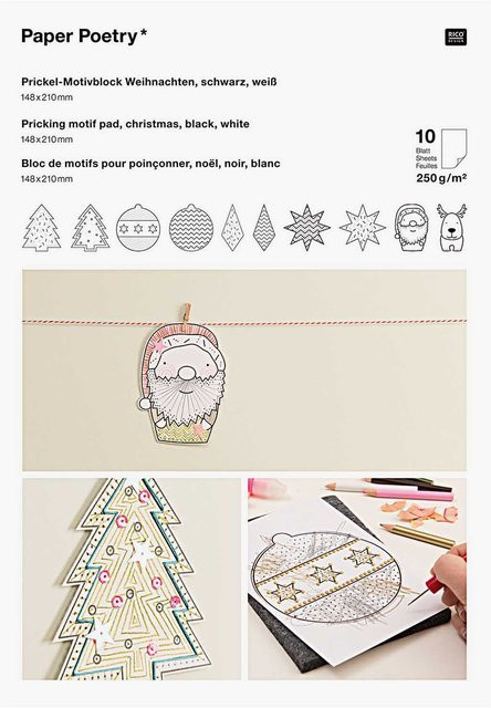 Rico Design Paper Poetry Prickelblock Weihnachten schwarz-weiß 10-teiliges Set - Bild 1