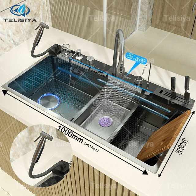TELISIYA Multifunktionale Edelstahl Küchenspüle mit Wasserfall-Funktion und digitaler Anzeige - Bild 1