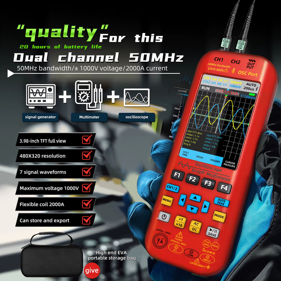MAXRIENY Handoszilloskop-Multimeter mit DDS-Generator, 2 Kanäle, 50 MHz Bandbreite, 250 MSa/s Abtastrate, 20000 Zählungen und Voltmeter, Rot - Bild 2