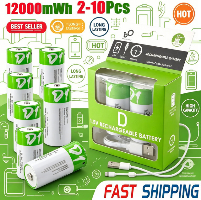 NDNNAS LR20 Lithium-Akku D-Größe 1,5V mit Typ-C-Ladekabel, 12000mWh, Grün - Bild 1