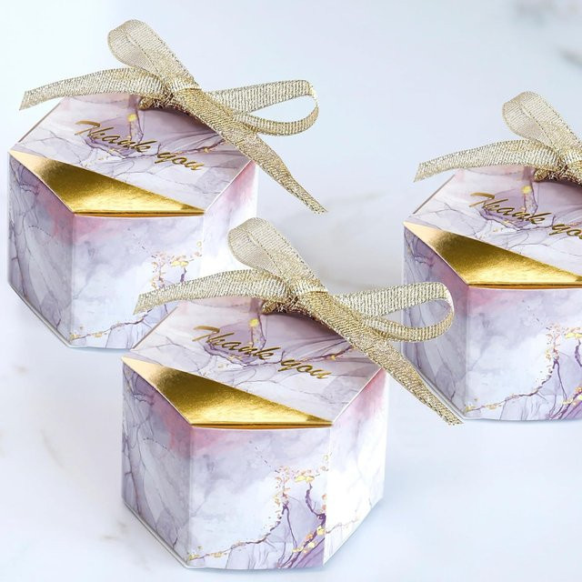 50 Stück Kleine Party-Geschenkboxen für Hochzeiten und Dankeschön-Anlässe in Marmor-Optik mit Gold-Schleifenband, Farben: Weiß, Gold und Lila - Bild 1