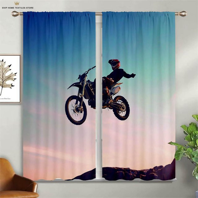 2er-Set Yiran Furniture Racing Wüste Motorrad Dekorative Vorhänge mit 3D-Druck, Mehrfarbig, B: 50 cm, H: 130 cm - Bild 1