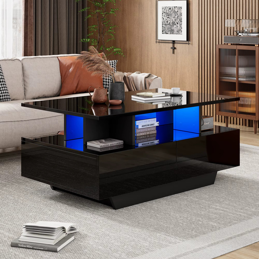 Svintora LED-Couchtisch in Schwarz mit Hochglanz-Finish, Farbwechsel-Beleuchtung und großem Stauraum durch Liftmechanismus - Bild 2