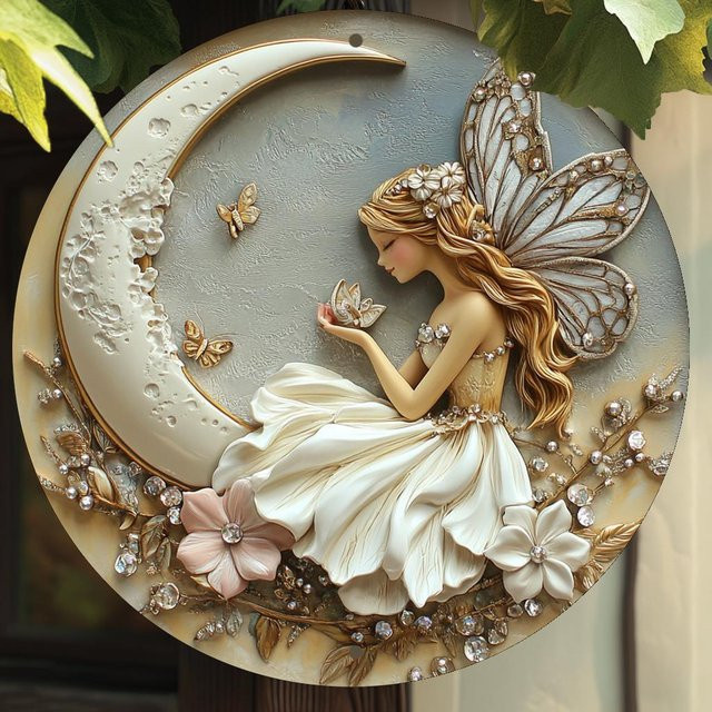Rundes Wandkunstschild aus Metall von Potdemiel im Vintage-Design mit Fee und Mond, Mehrfarbig, Durchmesser: 20 cm - Bild 1