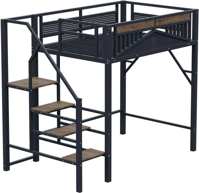 Merax Hochbett aus Metall und MDF in Schwarz mit integriertem Stauraum und Fenster, B/T/H: 200 x 140 x 170 cm - Bild 1