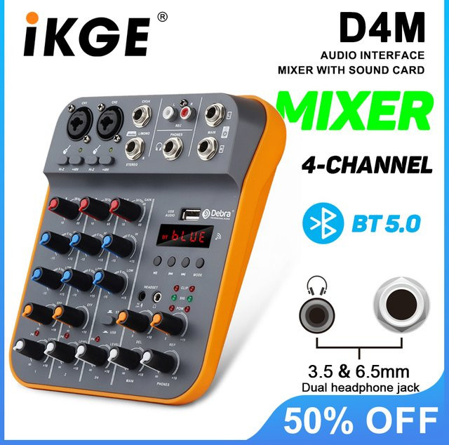 IKGE D4M Mini 4-Kanal-Audiomischer DJ-Konsole mit Reverb, Bluetooth 5.0 und USB-Soundkarte für PC-Aufnahmen und Karaoke - Bild 1